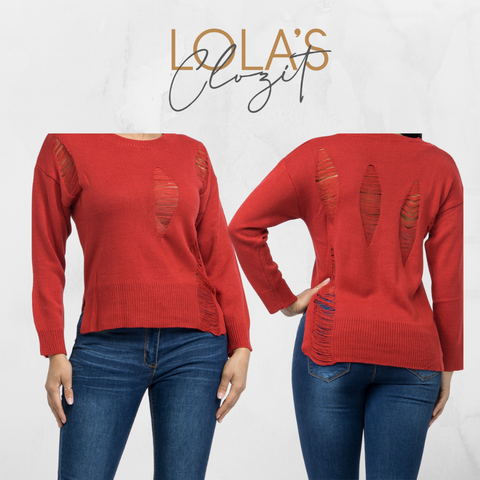 Crew Neck Distressed Sweater (Rust)